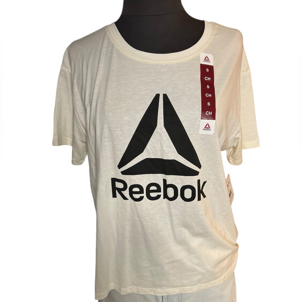 Reebok Logo size small T-Shirt Top Cream Black Graphic Workout Athleisure Gym
